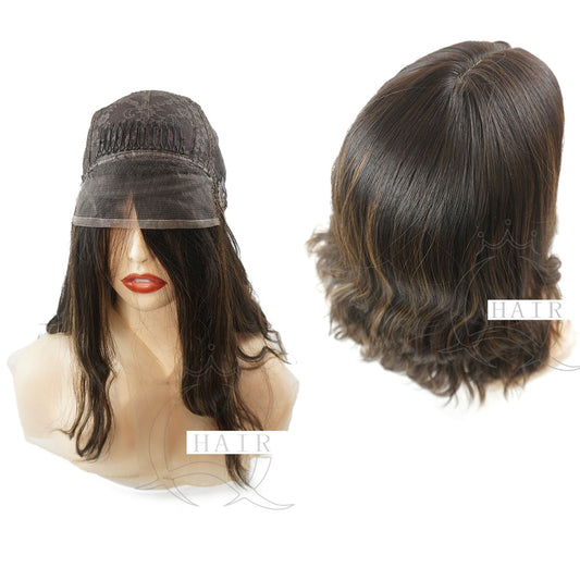 A 18 INCH dark brown Human hair made front lace silk top headcovering sheitels