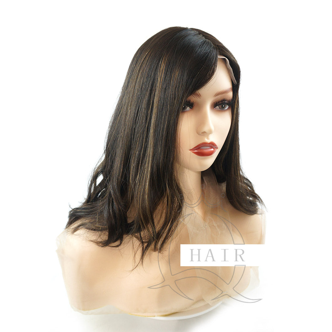A 18 INCH dark brown Human hair made front lace silk top headcovering sheitels