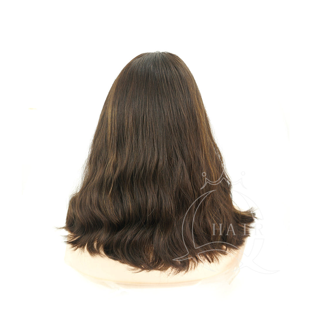 No Layer 16INCH Natural brown with highlight Jewish wig for Daily Wear