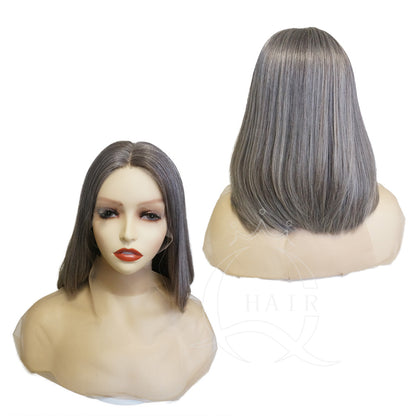 Gray and White Real Human Hair Wig with Natural Lace Front – Realistic Look