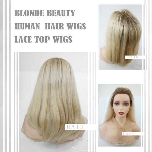 18 Inches Natural virgin hair made blonde beauty color lace top wig